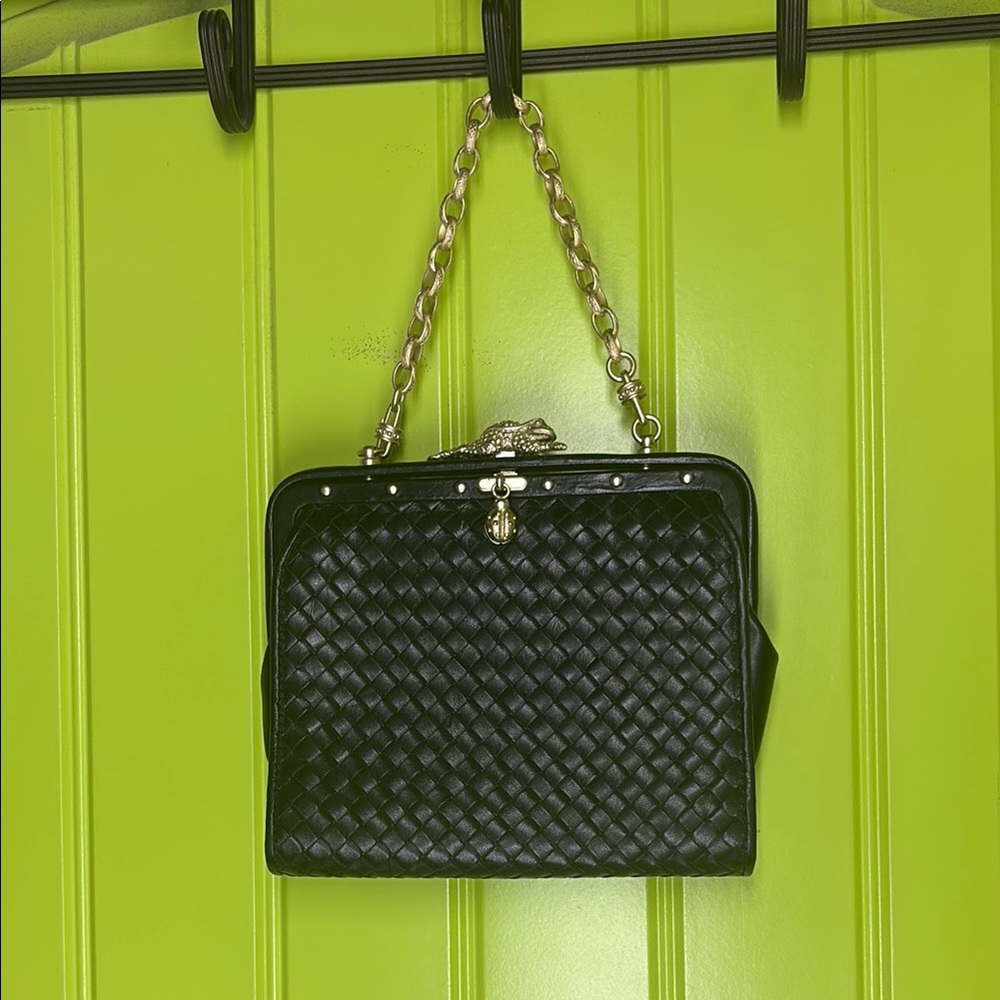 Barry Kieselstein-Cord Black Woven Leather Frame Bag with Alligator Clasp